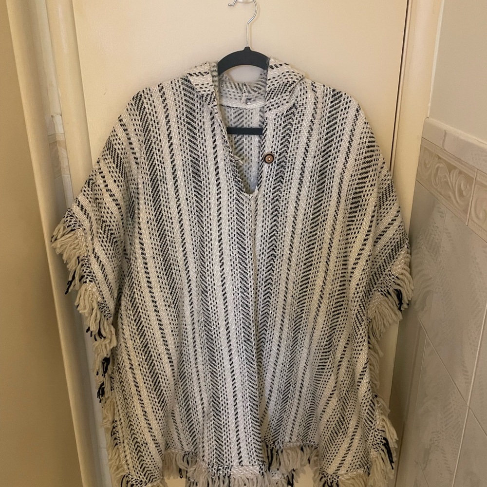 Striped Hooded Poncho with Fringe